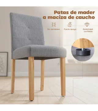 Pack de 4 Sillas de Comedor Respaldo Alto Tapizadas en Pana Asiento Acolchado Patas de Madera para Salón Gris