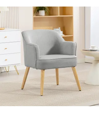 Butaca de Salón Moderna Sillón Tapizado en Lino Sintético Patas de Madera para Dormitorio Oficina 64,5x65x79,5 cm Crema