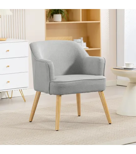 Butaca de Salón Moderna Sillón Tapizado en Lino Sintético Patas de Madera para Dormitorio Oficina 64,5x65x79,5 cm Crema