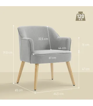Butaca de Salón Moderna Sillón Tapizado en Lino Sintético Patas de Madera para Dormitorio Oficina 64,5x65x79,5 cm Crema