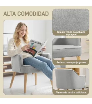 Butaca de Salón Moderna Sillón Tapizado en Lino Sintético Patas de Madera para Dormitorio Oficina 64,5x65x79,5 cm Crema