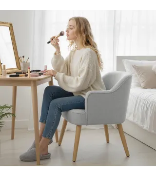 Butaca de Salón Moderna Sillón Tapizado en Lino Sintético Patas de Madera para Dormitorio Oficina 64,5x65x79,5 cm Crema