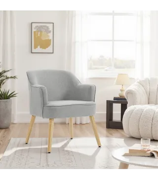 Butaca de Salón Moderna Sillón Tapizado en Lino Sintético Patas de Madera para Dormitorio Oficina 64,5x65x79,5 cm Crema