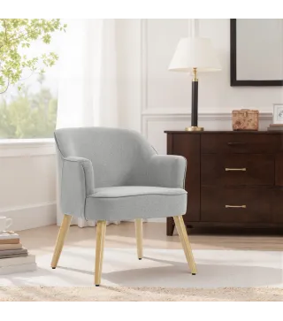 Butaca de Salón Moderna Sillón Tapizado en Lino Sintético Patas de Madera para Dormitorio Oficina 64,5x65x79,5 cm Crema