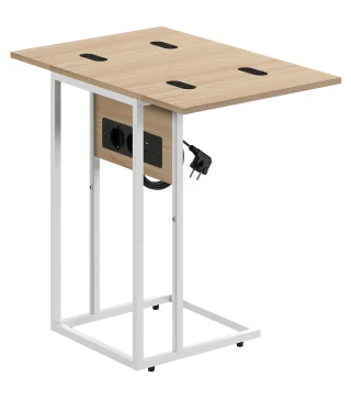 Mesa Auxiliar para Sofá con Encimera Plegable y Estación de Carga Forma de C para Salón Blanco y Natural