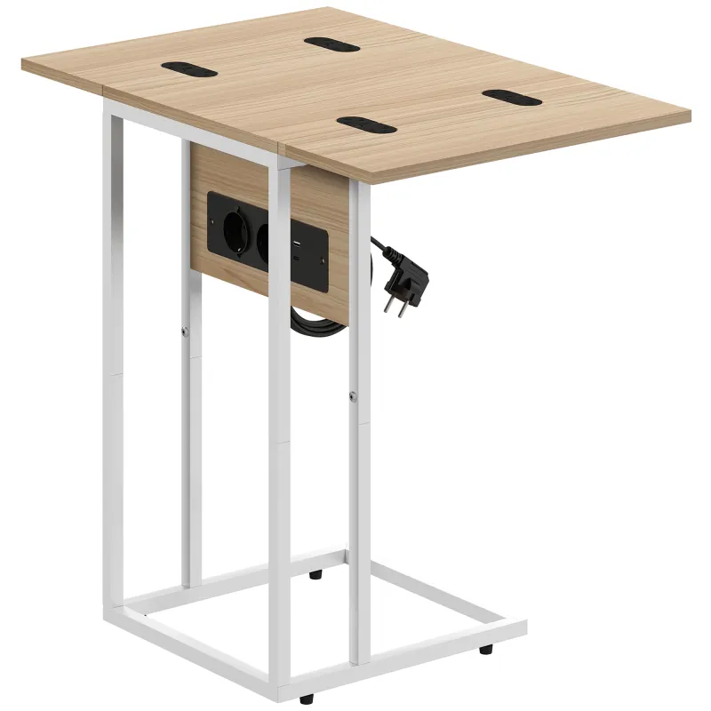 Mesa Auxiliar para Sofá con Encimera Plegable y Estación de Carga Forma de C para Salón Blanco y Natural
