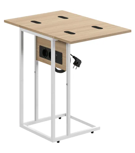 Mesa Auxiliar para Sofá con Encimera Plegable y Estación de Carga Forma de C para Salón Blanco y Natural