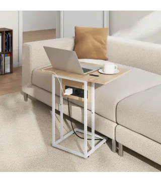 Mesa Auxiliar para Sofá con Encimera Plegable y Estación de Carga Forma de C para Salón Blanco y Natural