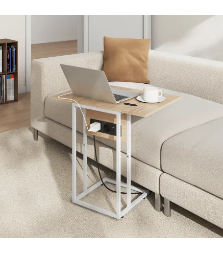 Mesa Auxiliar para Sofá con Encimera Plegable y Estación de Carga Forma de C para Salón Blanco y Natural