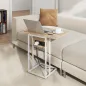 Mesa Auxiliar para Sofá con Encimera Plegable y Estación de Carga Forma de C para Salón Blanco y Natural