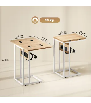 Mesa Auxiliar para Sofá con Encimera Plegable y Estación de Carga Forma de C para Salón Blanco y Natural