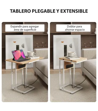 Mesa Auxiliar para Sofá con Encimera Plegable y Estación de Carga Forma de C para Salón Blanco y Natural