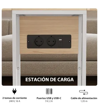 Mesa Auxiliar para Sofá con Encimera Plegable y Estación de Carga Forma de C para Salón Blanco y Natural