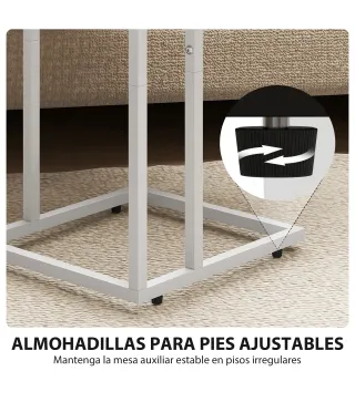 Mesa Auxiliar para Sofá con Encimera Plegable y Estación de Carga Forma de C para Salón Blanco y Natural