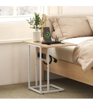Mesa Auxiliar para Sofá con Encimera Plegable y Estación de Carga Forma de C para Salón Blanco y Natural