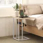 Mesa Auxiliar para Sofá con Encimera Plegable y Estación de Carga Forma de C para Salón Blanco y Natural