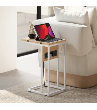 Mesa Auxiliar para Sofá con Encimera Plegable y Estación de Carga Forma de C para Salón Blanco y Natural