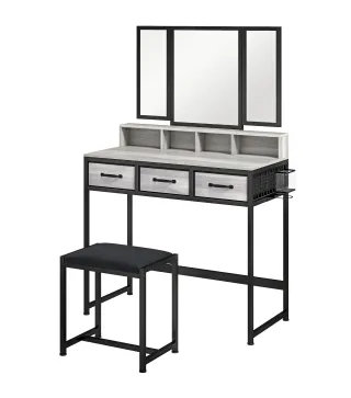 Tocador de Maquillaje con Espejo Tríptico Desmontable Taburete 3 Cajones de Tela Soporte para Secador de Pelo Gris