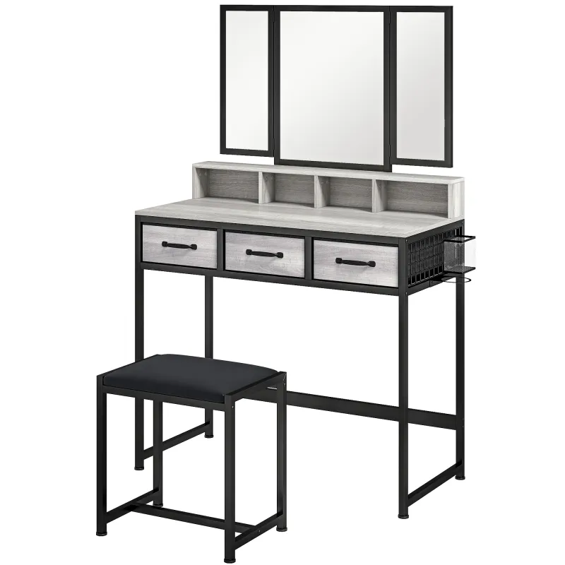 Tocador de Maquillaje con Espejo Tríptico Desmontable Taburete 3 Cajones de Tela Soporte para Secador de Pelo Gris
