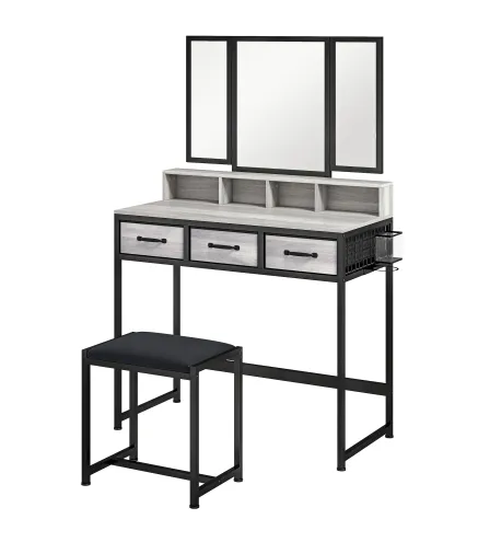 Tocador de Maquillaje con Espejo Tríptico Desmontable Taburete 3 Cajones de Tela Soporte para Secador de Pelo Gris