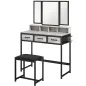 Tocador de Maquillaje con Espejo Tríptico Desmontable Taburete 3 Cajones de Tela Soporte para Secador de Pelo Gris