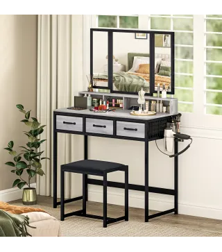 Tocador de Maquillaje con Espejo Tríptico Desmontable Taburete 3 Cajones de Tela Soporte para Secador de Pelo Gris