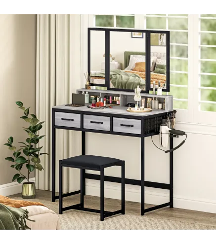 Tocador de Maquillaje con Espejo Tríptico Desmontable Taburete 3 Cajones de Tela Soporte para Secador de Pelo Gris