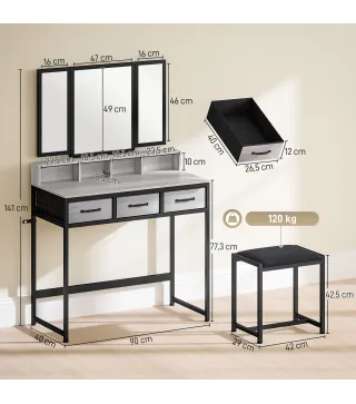 Tocador de Maquillaje con Espejo Tríptico Desmontable Taburete 3 Cajones de Tela Soporte para Secador de Pelo Gris