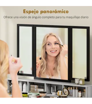 Tocador de Maquillaje con Espejo Tríptico Desmontable Taburete 3 Cajones de Tela Soporte para Secador de Pelo Gris