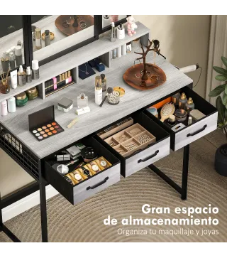 Tocador de Maquillaje con Espejo Tríptico Desmontable Taburete 3 Cajones de Tela Soporte para Secador de Pelo Gris