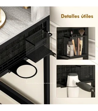 Tocador de Maquillaje con Espejo Tríptico Desmontable Taburete 3 Cajones de Tela Soporte para Secador de Pelo Gris