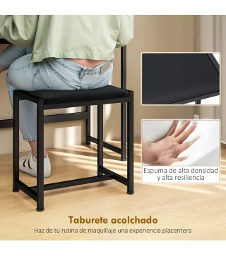 Tocador de Maquillaje con Espejo Tríptico Desmontable Taburete 3 Cajones de Tela Soporte para Secador de Pelo Gris