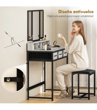 Tocador de Maquillaje con Espejo Tríptico Desmontable Taburete 3 Cajones de Tela Soporte para Secador de Pelo Gris