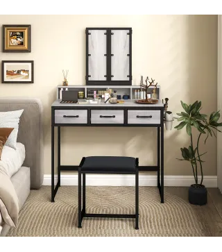 Tocador de Maquillaje con Espejo Tríptico Desmontable Taburete 3 Cajones de Tela Soporte para Secador de Pelo Gris