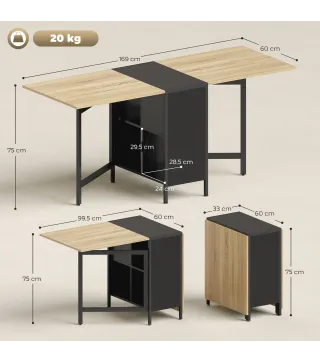 Mesa Plegable de Comedor con Alas Abatibles 4 Compartimentos 3 Formas para Cocina Salón 169x60x75 cm Natural Oscuro