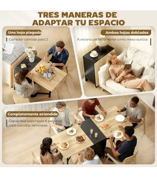 Mesa Plegable de Comedor con Alas Abatibles 4 Compartimentos 3 Formas para Cocina Salón 169x60x75 cm Natural Oscuro