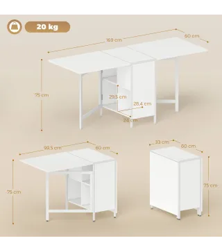 Mesa Plegable de Comedor con Alas Abatibles 4 Compartimentos 3 Formas para Cocina Salón 169x60x75 cm Blanco