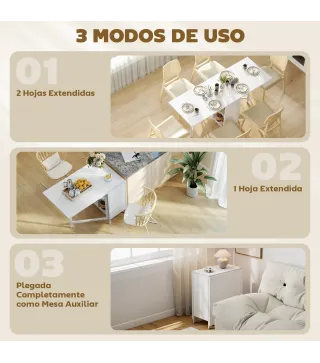 Mesa Plegable de Comedor con Alas Abatibles 4 Compartimentos 3 Formas para Cocina Salón 169x60x75 cm Blanco