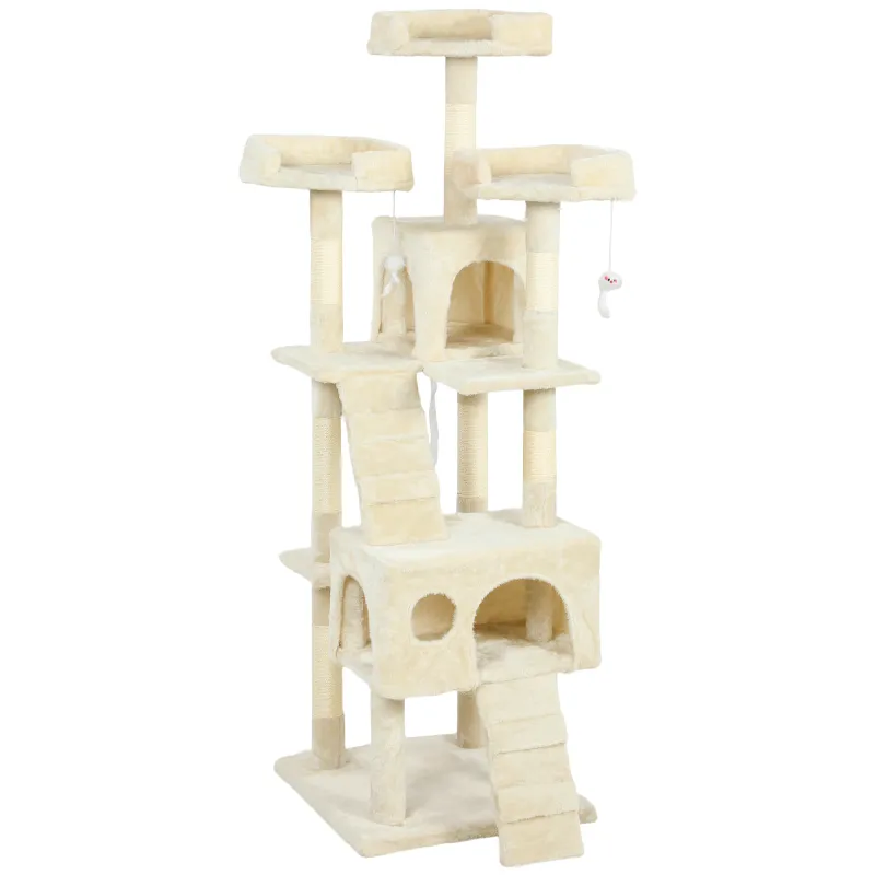 Árbol Rascador para Gatos Árbol para Gatos 153 cm con 2 Cuevas 3 Camas 2 Rampas Postes de Sisal Ratones Colgantes Crema