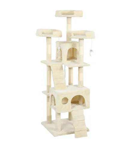Árbol Rascador para Gatos Árbol para Gatos 153 cm con 2 Cuevas 3 Camas 2 Rampas Postes de Sisal Ratones Colgantes Crema