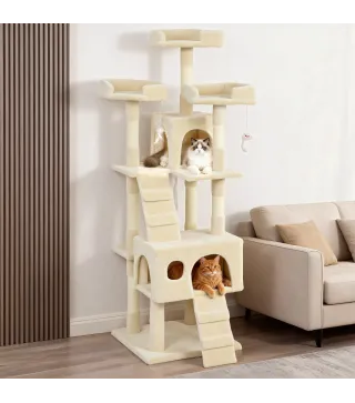 Árbol Rascador para Gatos Árbol para Gatos 153 cm con 2 Cuevas 3 Camas 2 Rampas Postes de Sisal Ratones Colgantes Crema