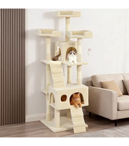 Árbol Rascador para Gatos Árbol para Gatos 153 cm con 2 Cuevas 3 Camas 2 Rampas Postes de Sisal Ratones Colgantes Crema