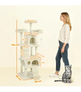 Árbol Rascador para Gatos Árbol para Gatos 153 cm con 2 Cuevas 3 Camas 2 Rampas Postes de Sisal Ratones Colgantes Crema