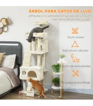 Árbol Rascador para Gatos Árbol para Gatos 153 cm con 2 Cuevas 3 Camas 2 Rampas Postes de Sisal Ratones Colgantes Crema
