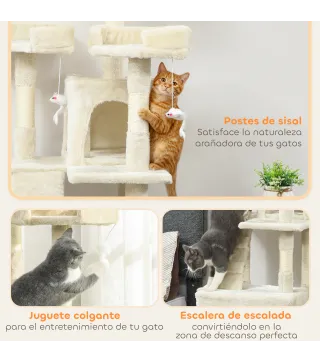 Árbol Rascador para Gatos Árbol para Gatos 153 cm con 2 Cuevas 3 Camas 2 Rampas Postes de Sisal Ratones Colgantes Crema