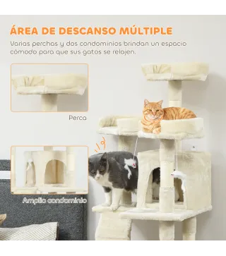 Árbol Rascador para Gatos Árbol para Gatos 153 cm con 2 Cuevas 3 Camas 2 Rampas Postes de Sisal Ratones Colgantes Crema