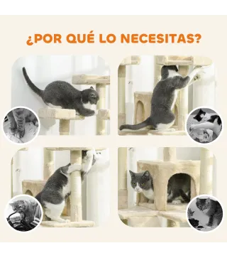 Árbol Rascador para Gatos Árbol para Gatos 153 cm con 2 Cuevas 3 Camas 2 Rampas Postes de Sisal Ratones Colgantes Crema