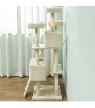 Árbol Rascador para Gatos Árbol para Gatos 153 cm con 2 Cuevas 3 Camas 2 Rampas Postes de Sisal Ratones Colgantes Crema
