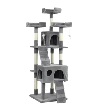 Árbol Rascador para Gatos Árbol para Gatos 153 cm con 2 Cuevas 3 Camas 2 Rampas Postes de Sisal Ratones Colgantes Gris