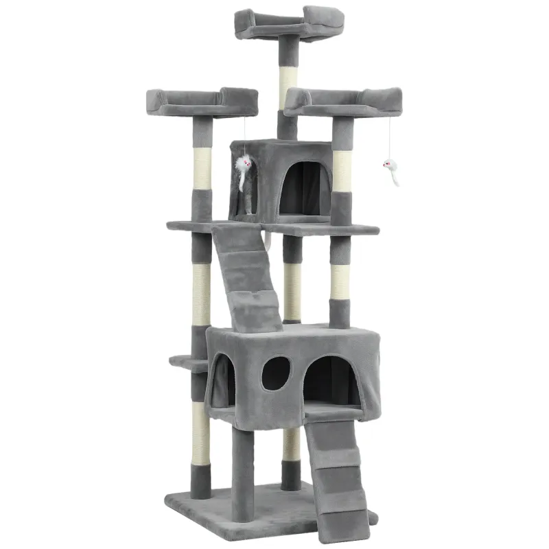 Árbol Rascador para Gatos Árbol para Gatos 153 cm con 2 Cuevas 3 Camas 2 Rampas Postes de Sisal Ratones Colgantes Gris